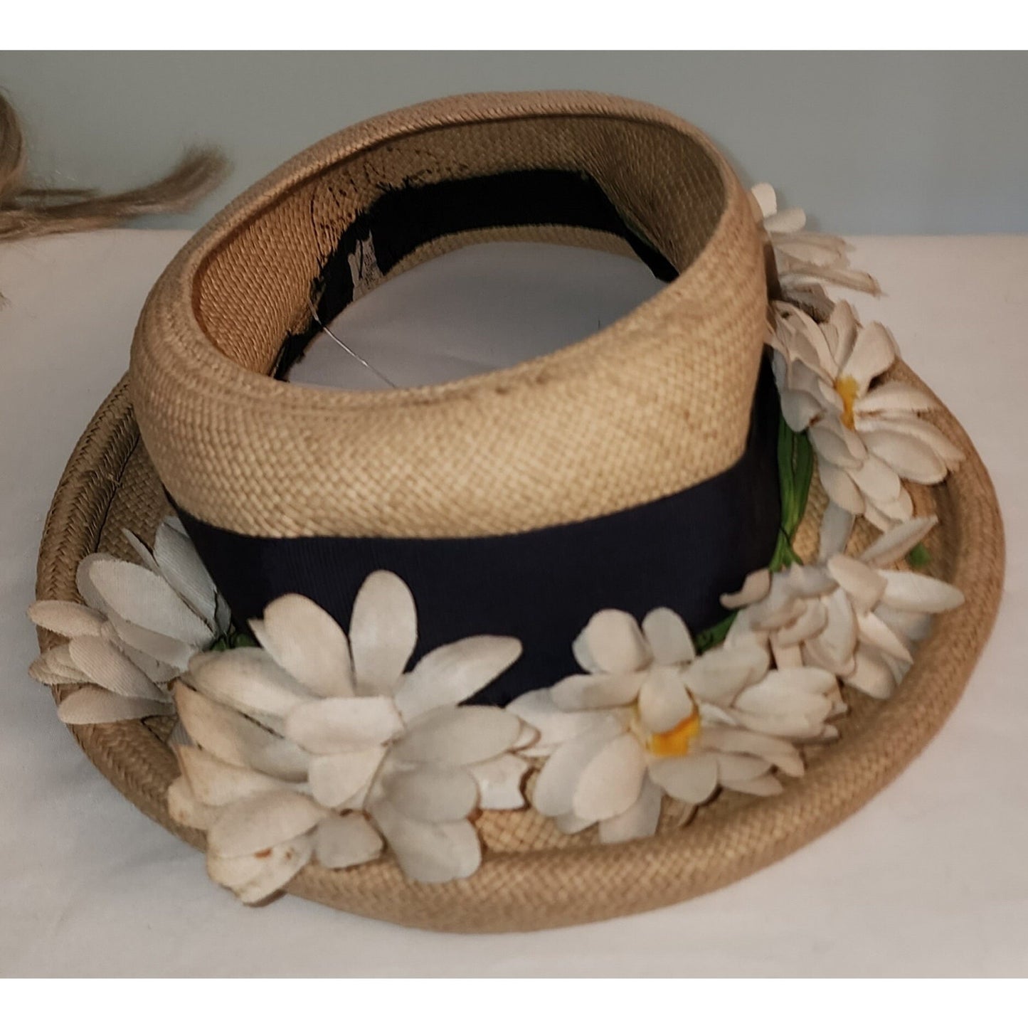 Vintage 1930s Hat Natural Straw Open Crown Hat Rolled Brim Lg Daisies Ribbon Daisy Hat Art Deco 20.5 in.