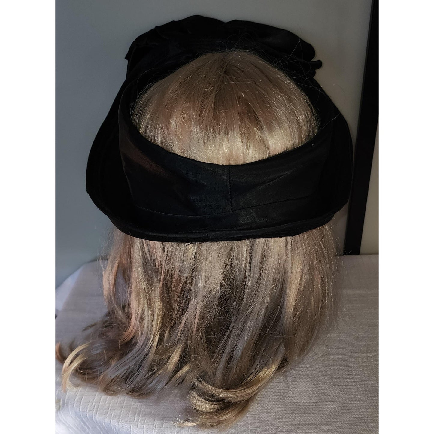 Vintage Open Hat 1930s Black Satin Open Crown Ring Hat Huge Front Rosette Art Deco 21 in.