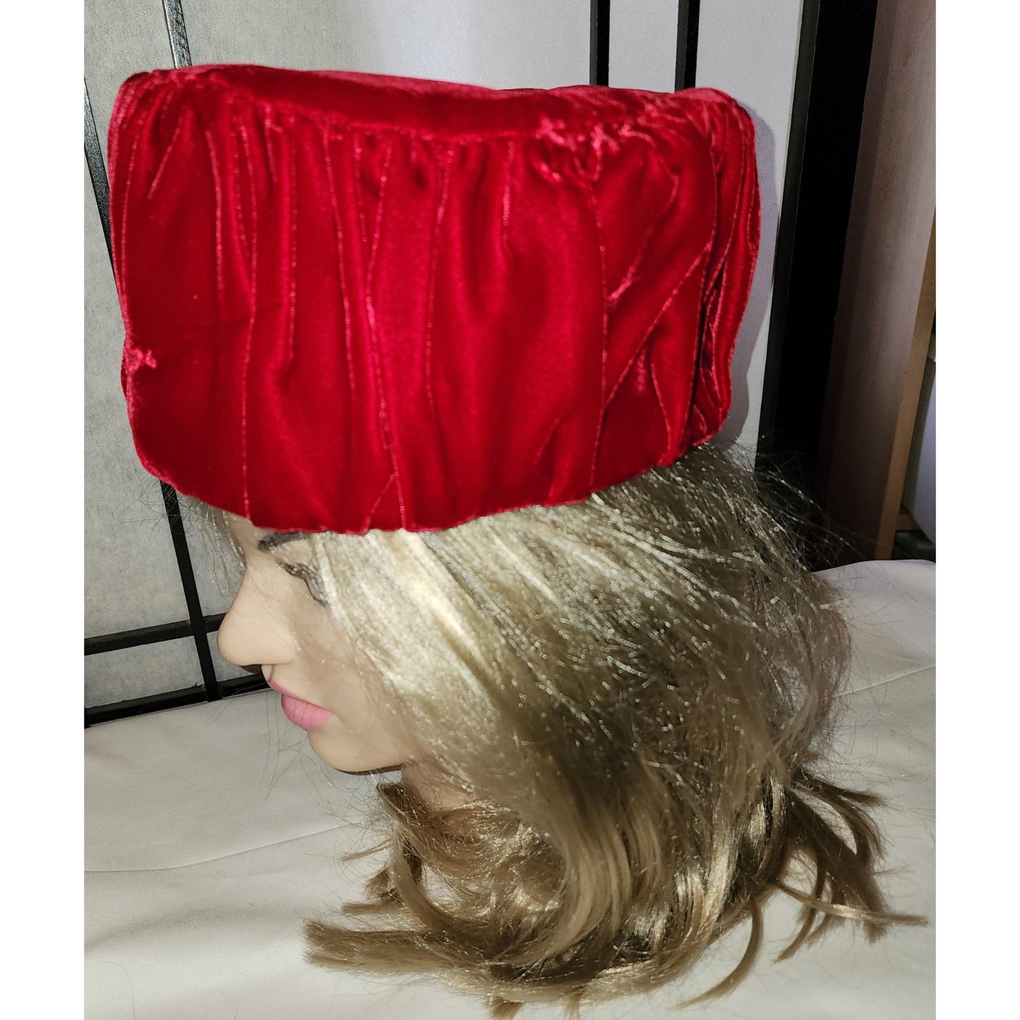 Vintage Pillbox Hat 1950s 60s Bright Red Pleated Velvet Tall Round Pillbox Hat Mid Century Handmade 21 in.