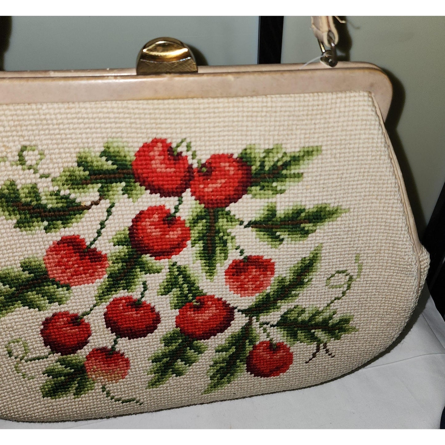 Vintage Cherry Purse Large 1950s Beige Wool Embroidered Bag Red Cherries Green Leaves Mid Century Rockabilly