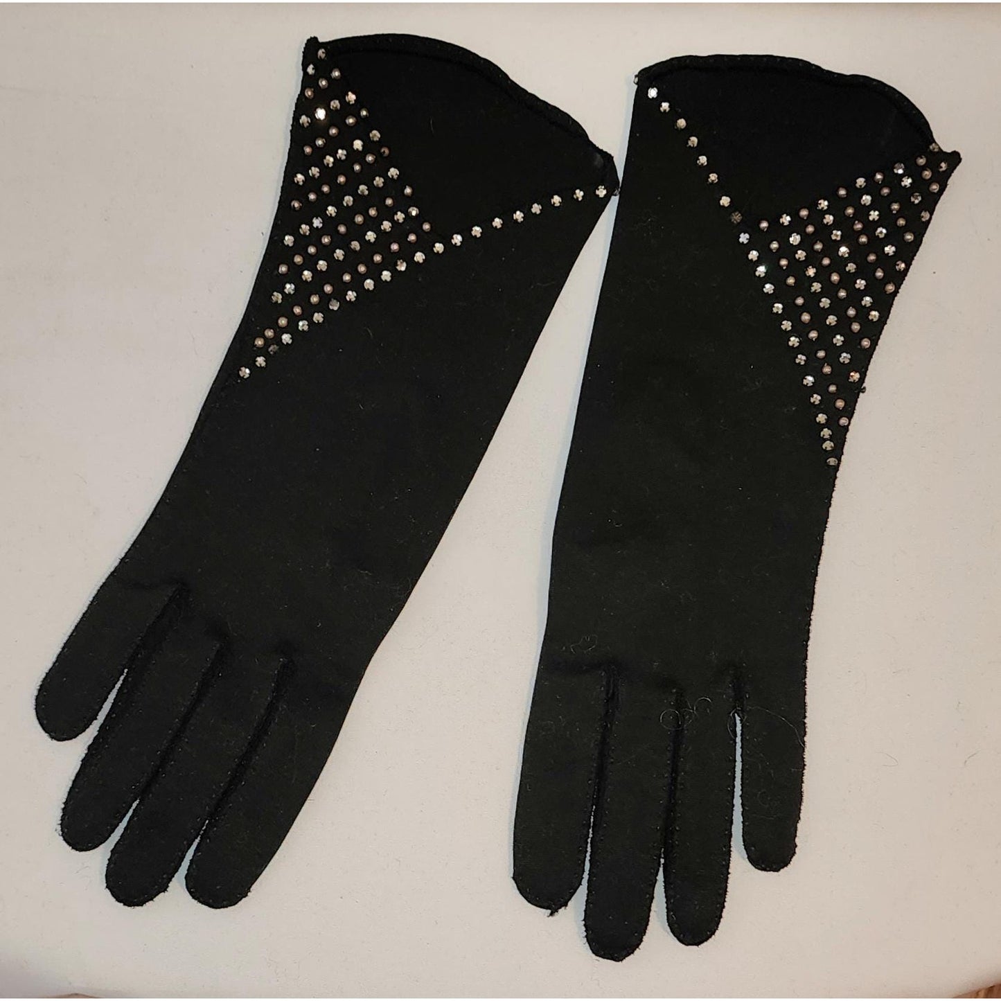 Vintage Rhinestone Pearl Gloves 1950s Black Midlength Gloves Geometric Pattern Prong Set Rhinestones Pearls Elvette Mid Century 6 1/2