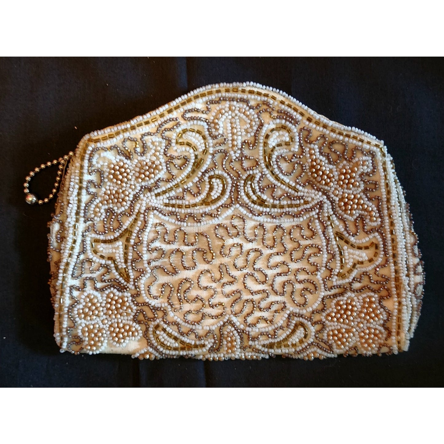 Vintage Beaded Purse 1930s 40s Small Cream Beaded Zipper Purse Glass Seed Beads Tiny Faux Pearls Handmade in Belgium Art Deco AS IS