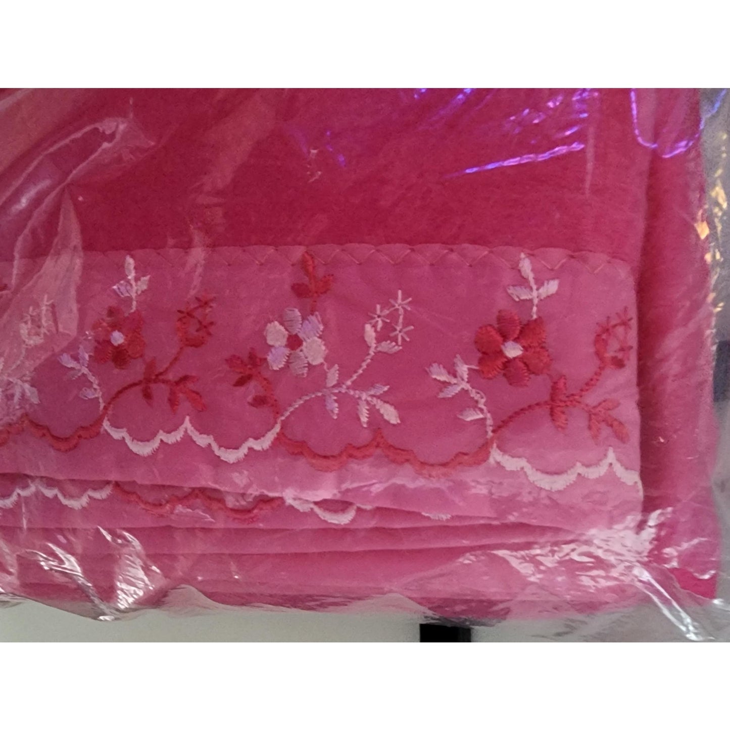 Unused Vintage Blanket 1960s Bright Pink Rayon Poly Acrylic Blanket Pink Floral Embroidered Trim NIP Mid Century Bedding 72 x 90 in