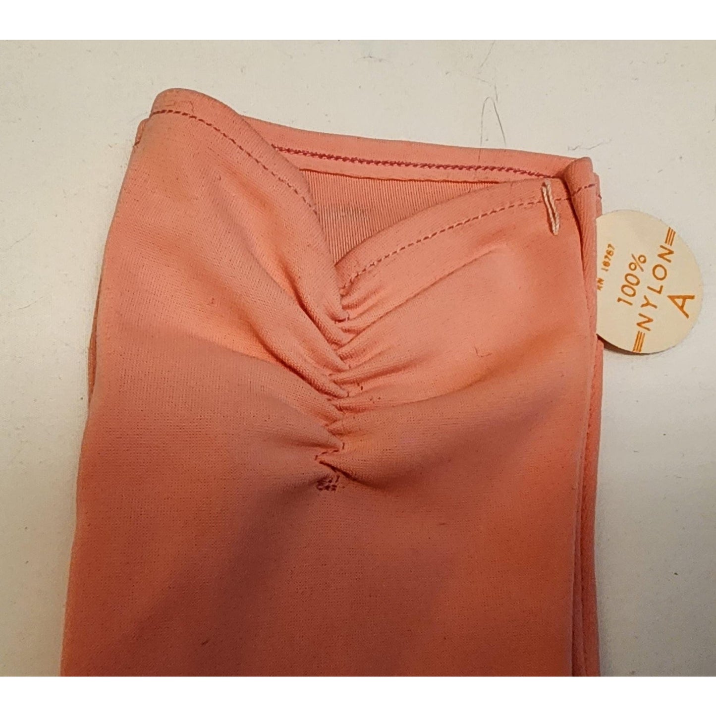 Vintage Unworn Gloves 1960s Orangey Pink Salmon Nylon Ruched Wrist Gloves Mid Century NWT 6 6.5