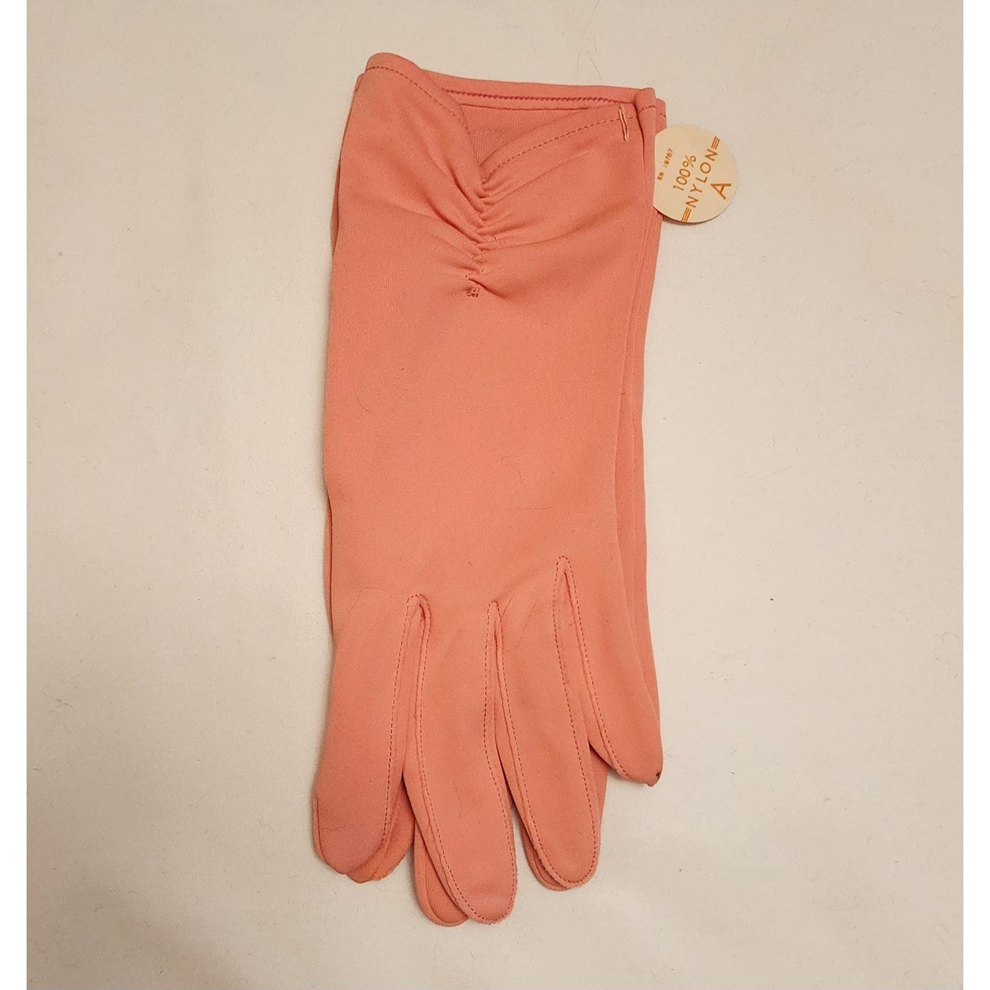 Vintage Unworn Gloves 1960s Orangey Pink Salmon Nylon Ruched Wrist Gloves Mid Century NWT 6 6.5