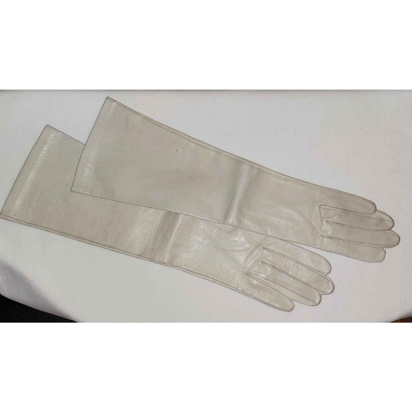 Vintage Leather Gloves 1960s Midlength Light Beige Leather Elbow Gloves Thin Nylon Lining Van Raalte Mid Century 7