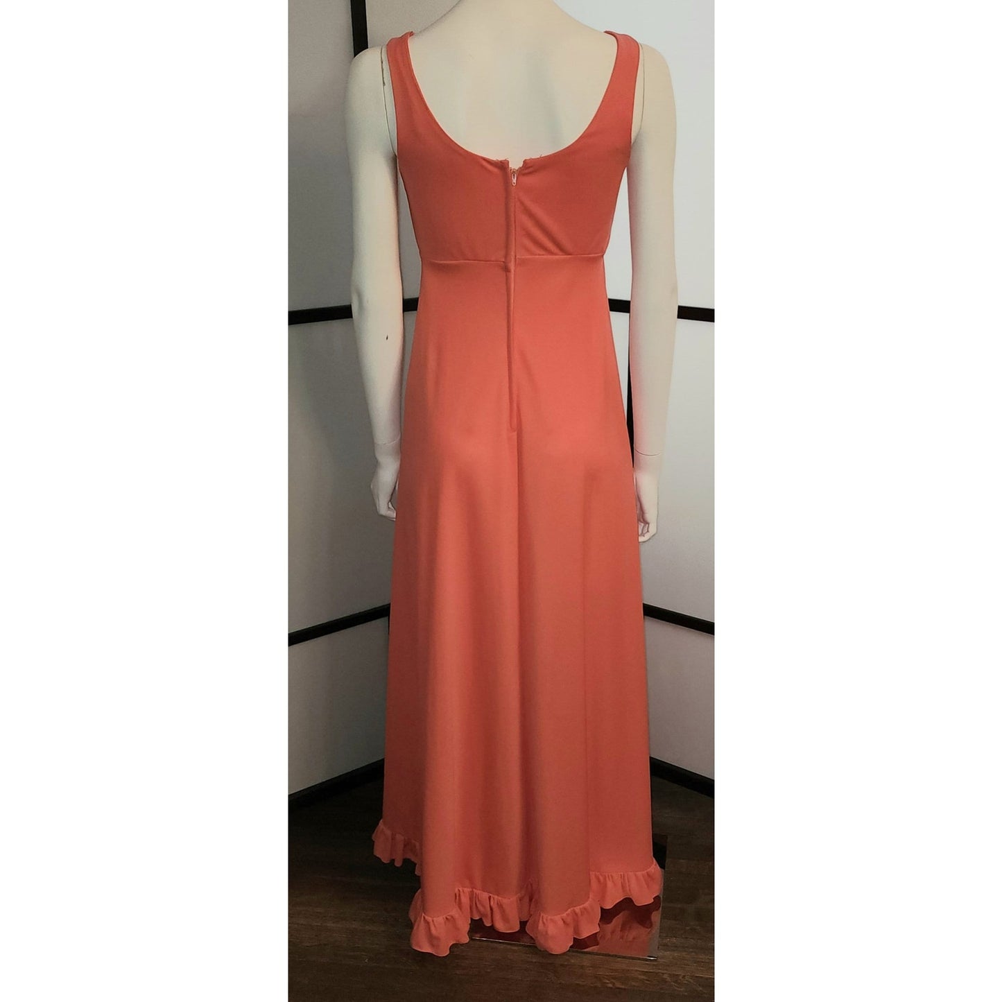 Vintage Long Dress 1970s Long Peach Light Orange Nylon Gown Maxidress Disco Boho S