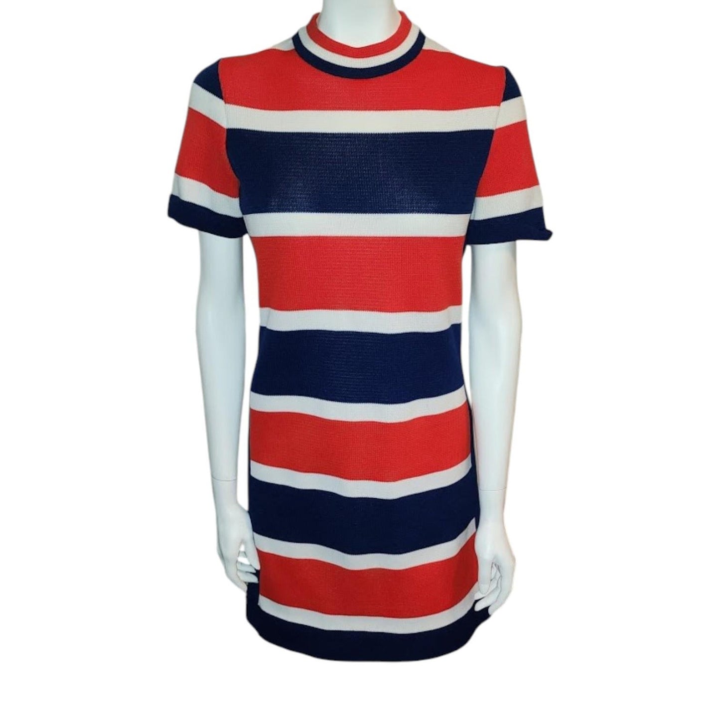 Vintage Mod Dress 1960s 70s Red White Blue Horizontal Striped Stretchy Knit Polyester Dress Patriotic Boho M