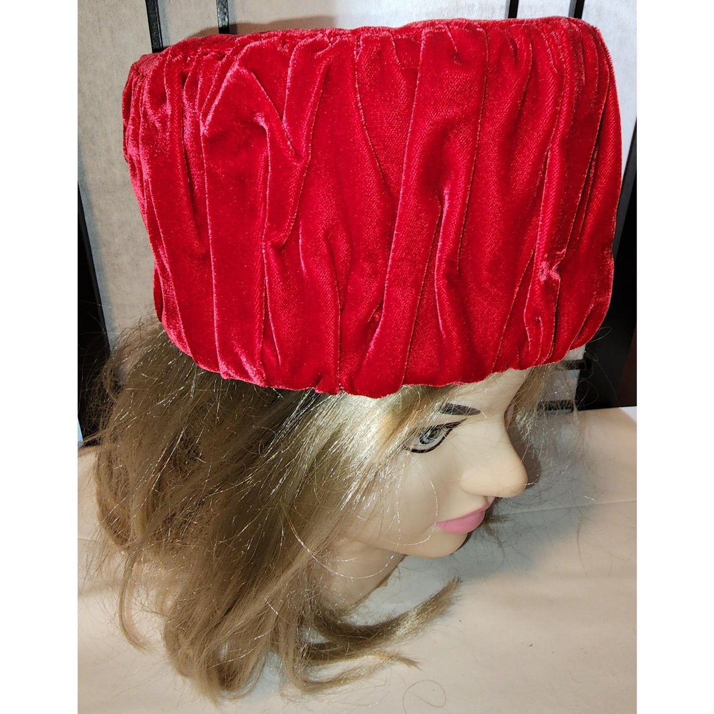 Vintage Pillbox Hat 1950s 60s Bright Red Pleated Velvet Tall Round Pillbox Hat Mid Century Handmade 21 in.