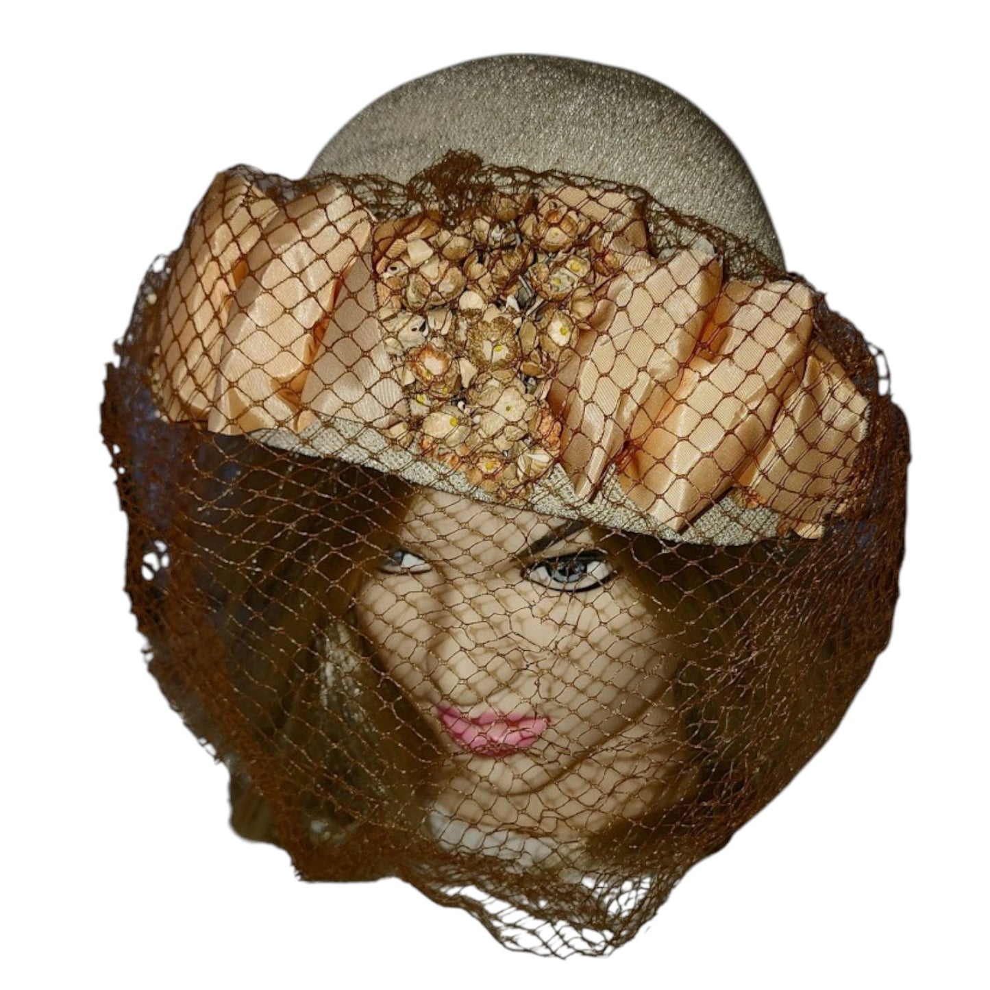 Vintage 1930s 40s Hat Round Cream Straw Hat Orange and Brown Flowers Ribbons Large Brown Veil Art Deco Country 21 in.