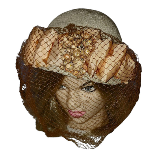 Vintage 1930s 40s Hat Round Cream Straw Hat Orange and Brown Flowers Ribbons Large Brown Veil Art Deco Country 21 in.