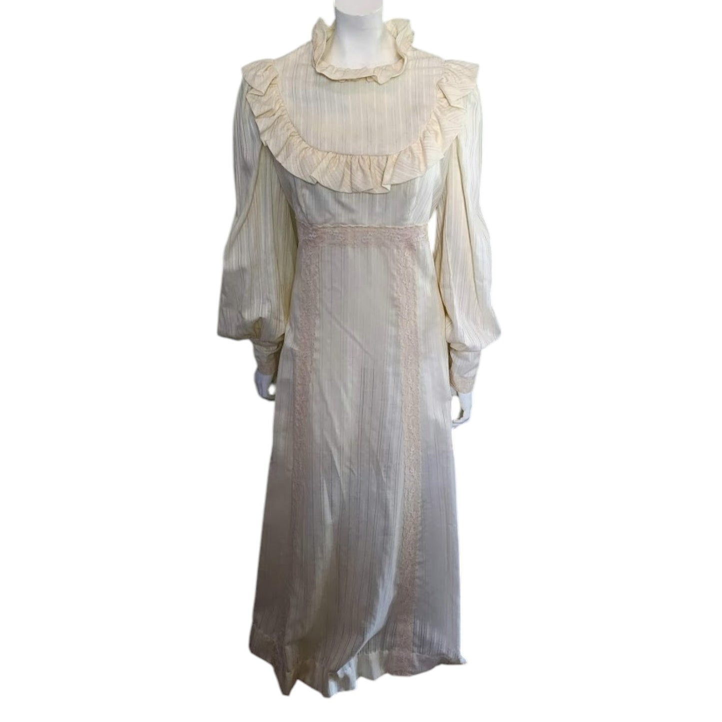 Vintage Cream Gown Long 1970s Ruffled Prairie Style Dress Lace Trim Boho Wedding Bridal M