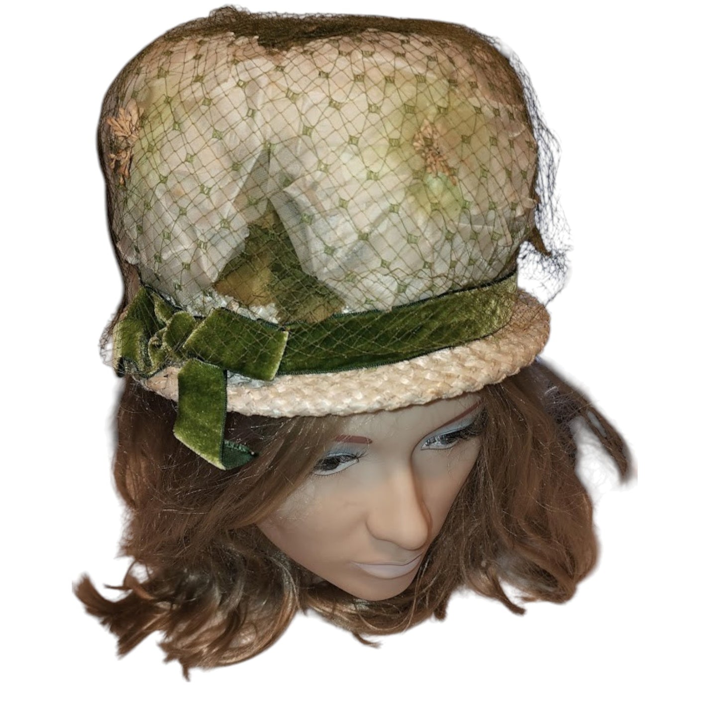 Vintage Bubble Hat 1960s High Round Cream Straw Floral Bubble Hat Green Net Veil White Flowers Leaves Velvet Ribbon Rockabilly Mod 21 in.