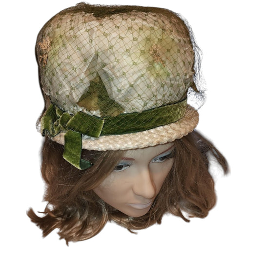 Vintage Bubble Hat 1960s High Round Cream Straw Floral Bubble Hat Green Net Veil White Flowers Leaves Velvet Ribbon Rockabilly Mod 21 in.
