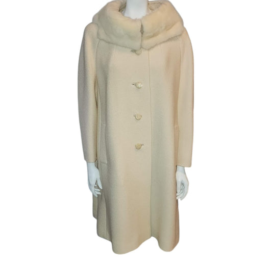 Vintage Wool Coat 1960s Classic Vanilla Wool Coat Large Cream Mink Fur Collar Rothmoor Mid Century L