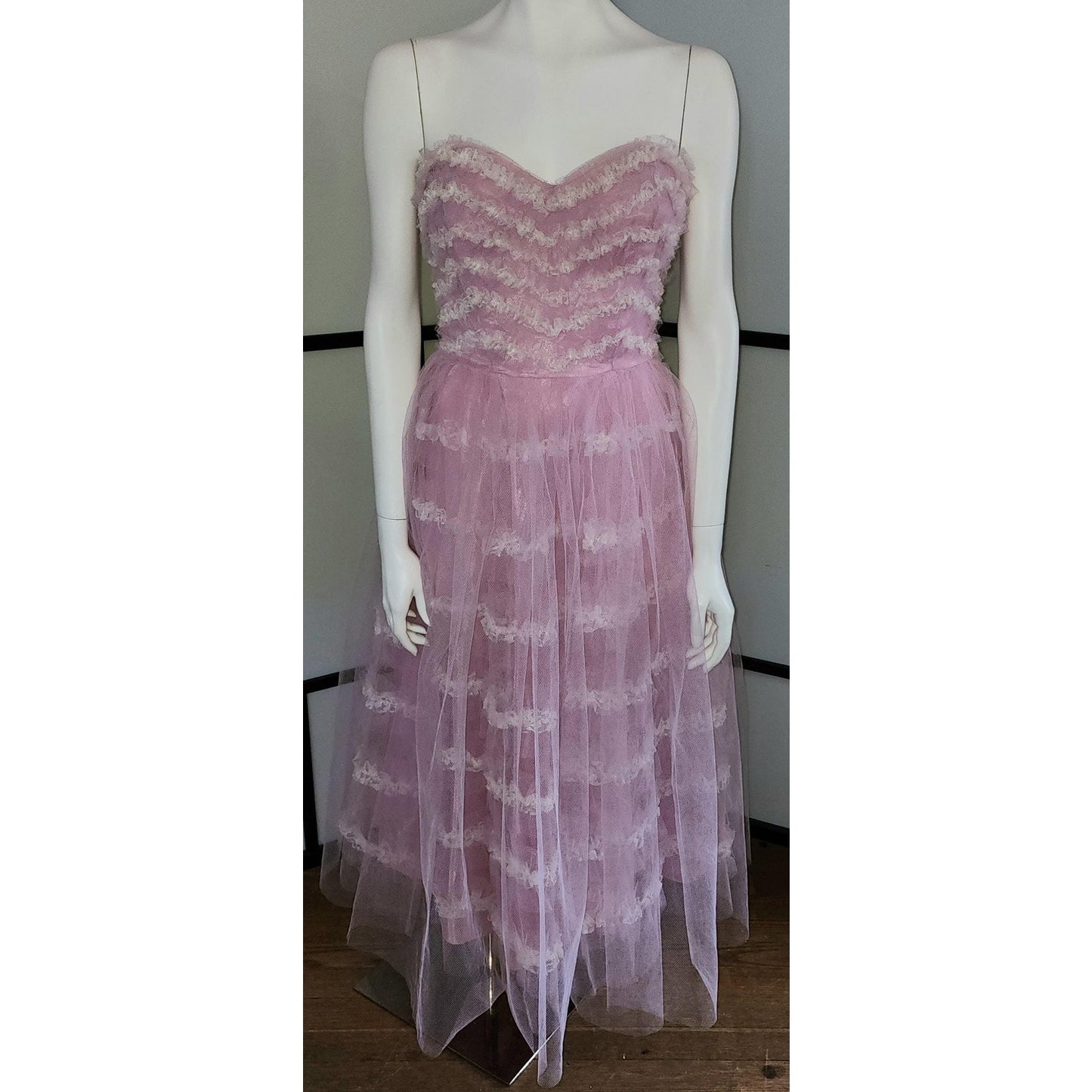 Vintage 1950s Dress Strapless Pink White Net Lace Bouffant Prom Dress Sweetheart Bodice Mid Century Rockabilly M