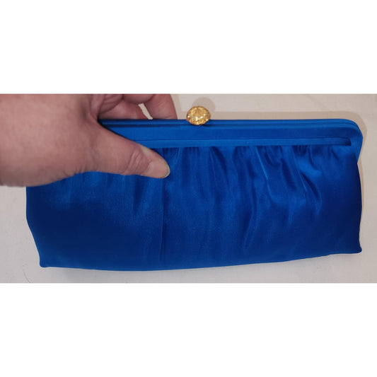 Vintage Clutch Purse 1950s 60s Bright Blue Satin Clutch Evening Bag Gold Rhinestone Clasp Optional Chain Handle HL USA Mid Century