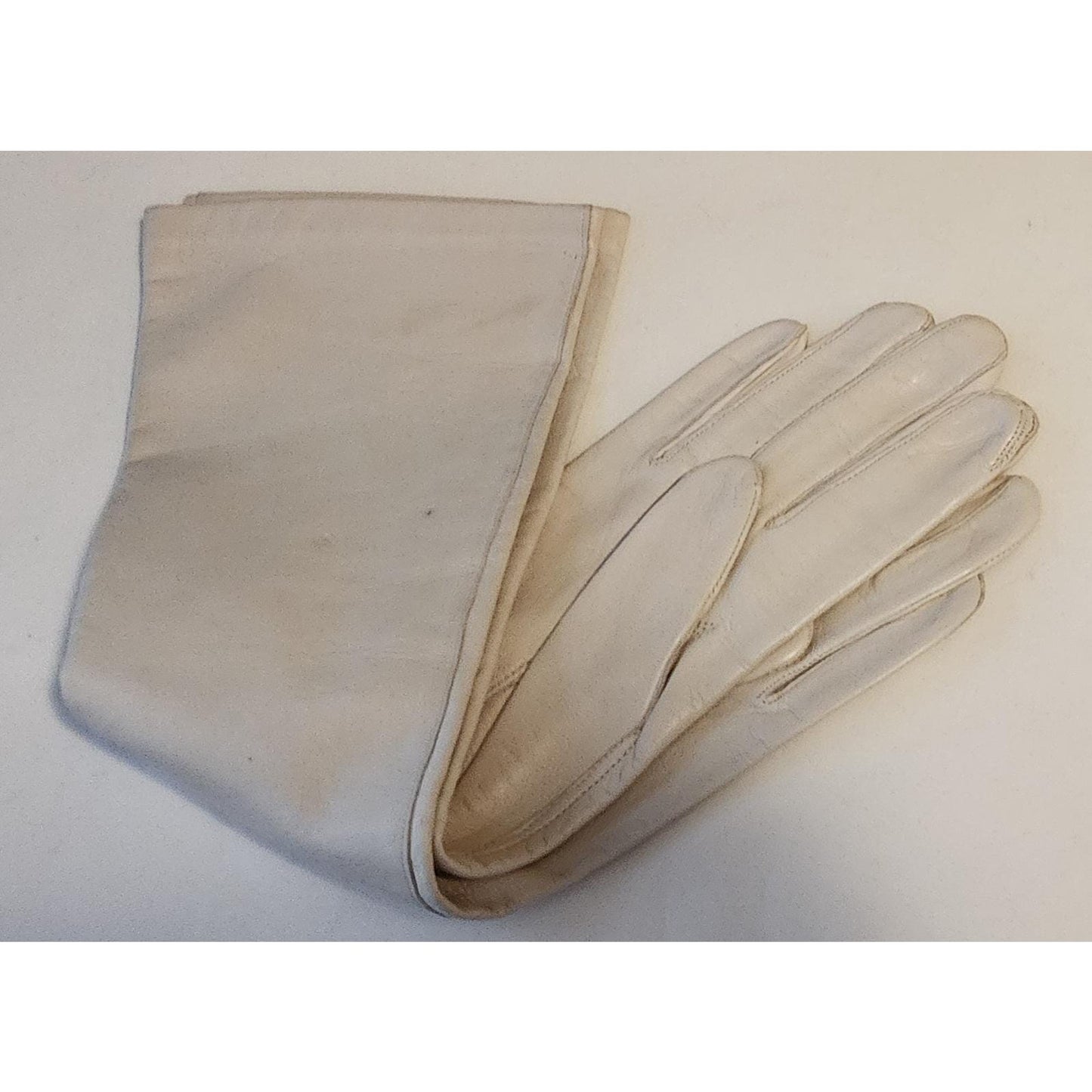 Vintage Leather Gloves 1960s Midlength Light Beige Leather Elbow Gloves Thin Nylon Lining Van Raalte Mid Century 7