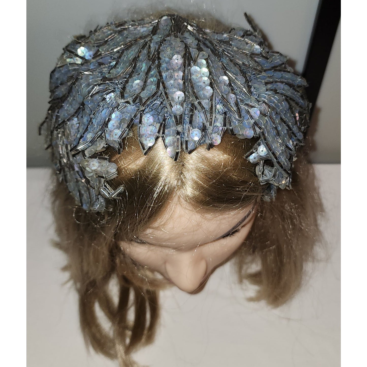 Vintage Half Hat 1950s Exquisite Small Light Blue Iridescent Sequin Beaded Leaf Half Hat Clamp Hat Mid Century