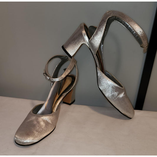 Vintage Silver Shoes 1960s Round Toe Metallic Silver Pumps Ankle Strap Mid Century Mod S M