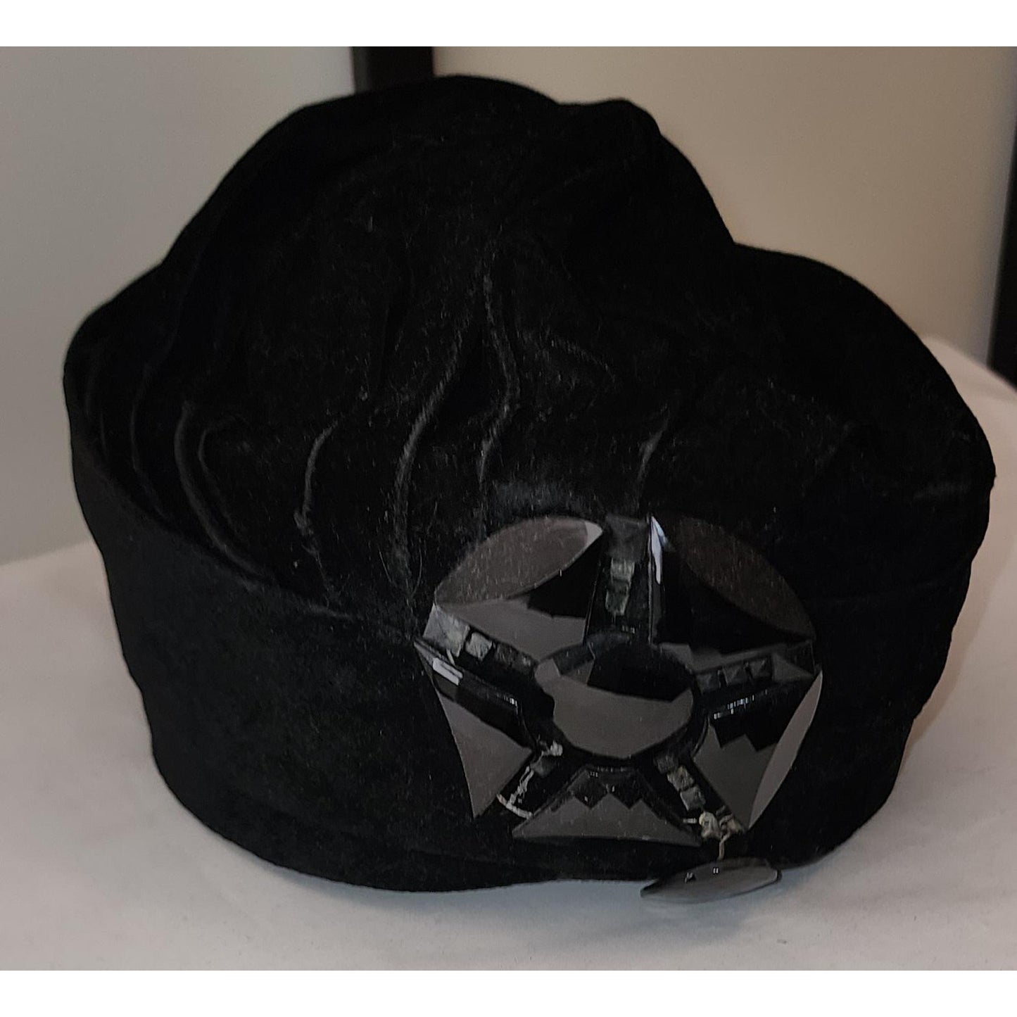 Vintage 1920s 30s Hat Black Velvet Turban Style Hat Large Jet Bead Ornament Art Deco Flapper 21.5 in.