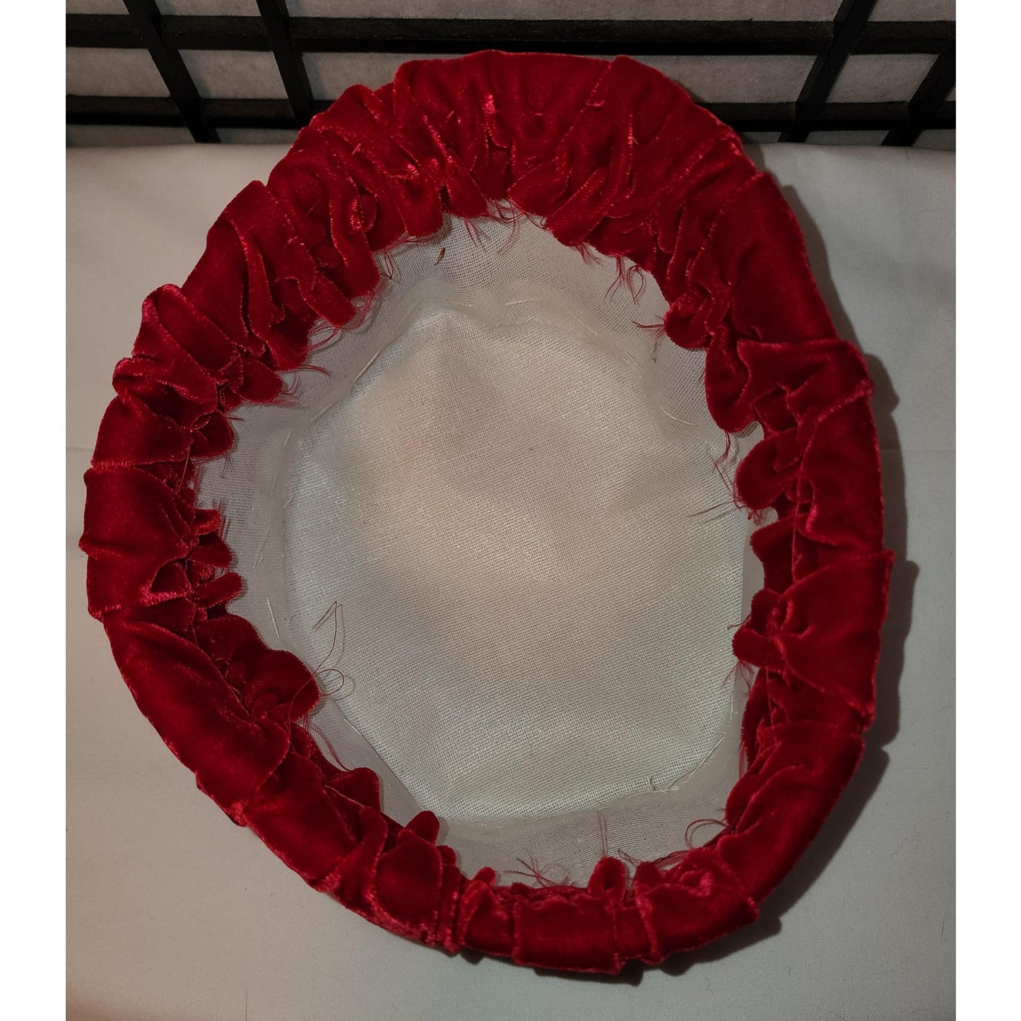 Vintage Pillbox Hat 1950s 60s Bright Red Pleated Velvet Tall Round Pillbox Hat Mid Century Handmade 21 in.