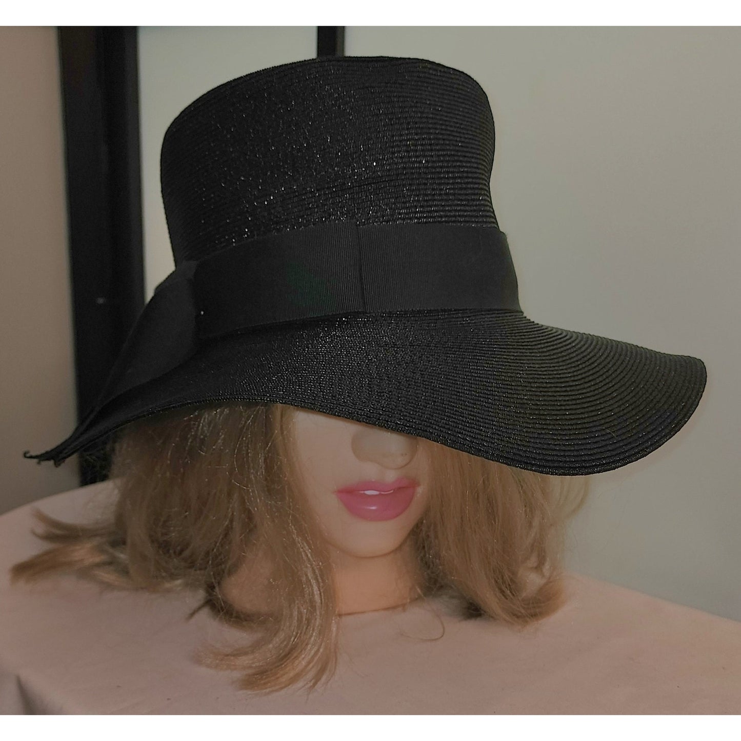 Vintage 50s Hat Tall Black Floppy Straw Sun Hat Huge Bow Mid Century 21.5 inches