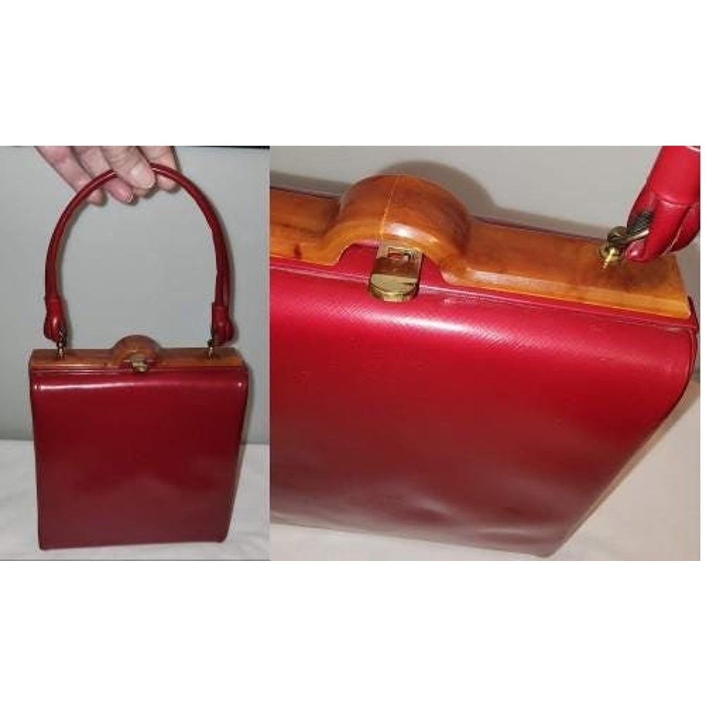 Vintage Red Purse 1930s 40s Red Vinyl Box Purse Butterscotch Celluloid Lucite Trim Top Handle Mid Century