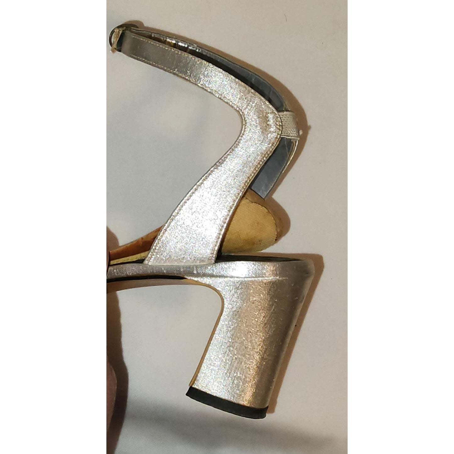 Vintage Silver Shoes 1960s Round Toe Metallic Silver Pumps Ankle Strap Mid Century Mod S M