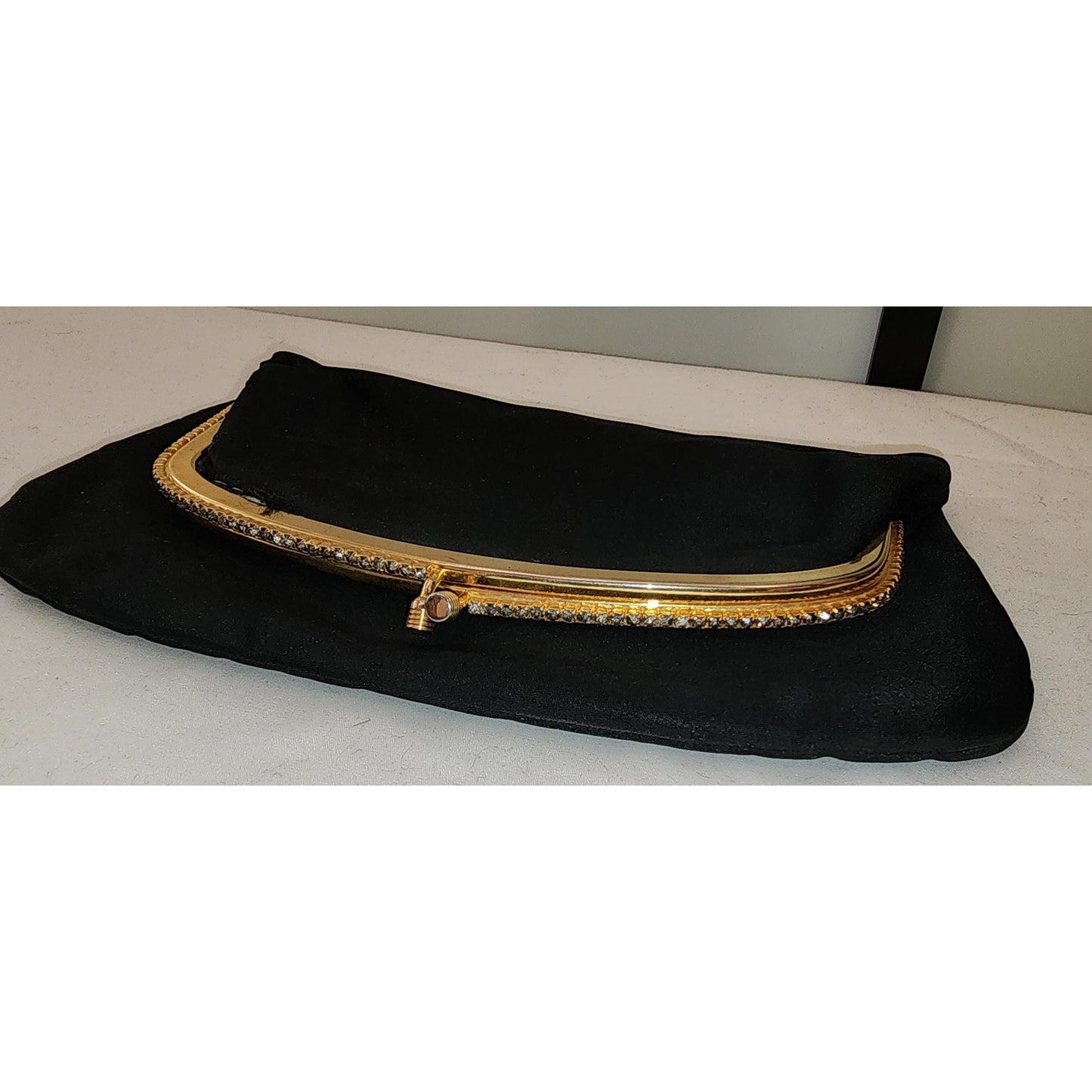 Vintage Clutch Purse 1950s Black Satin Rhinestone Frame Clutch Purse Small Bag Mid Century