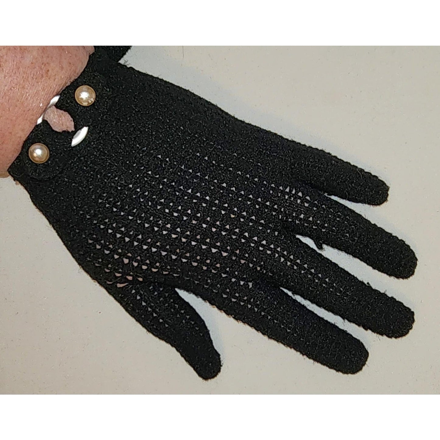 Vintage Wrist Gloves 1950s Black Nylon Stretch Knit Gloves Faux Pearls Mid Century one size to L