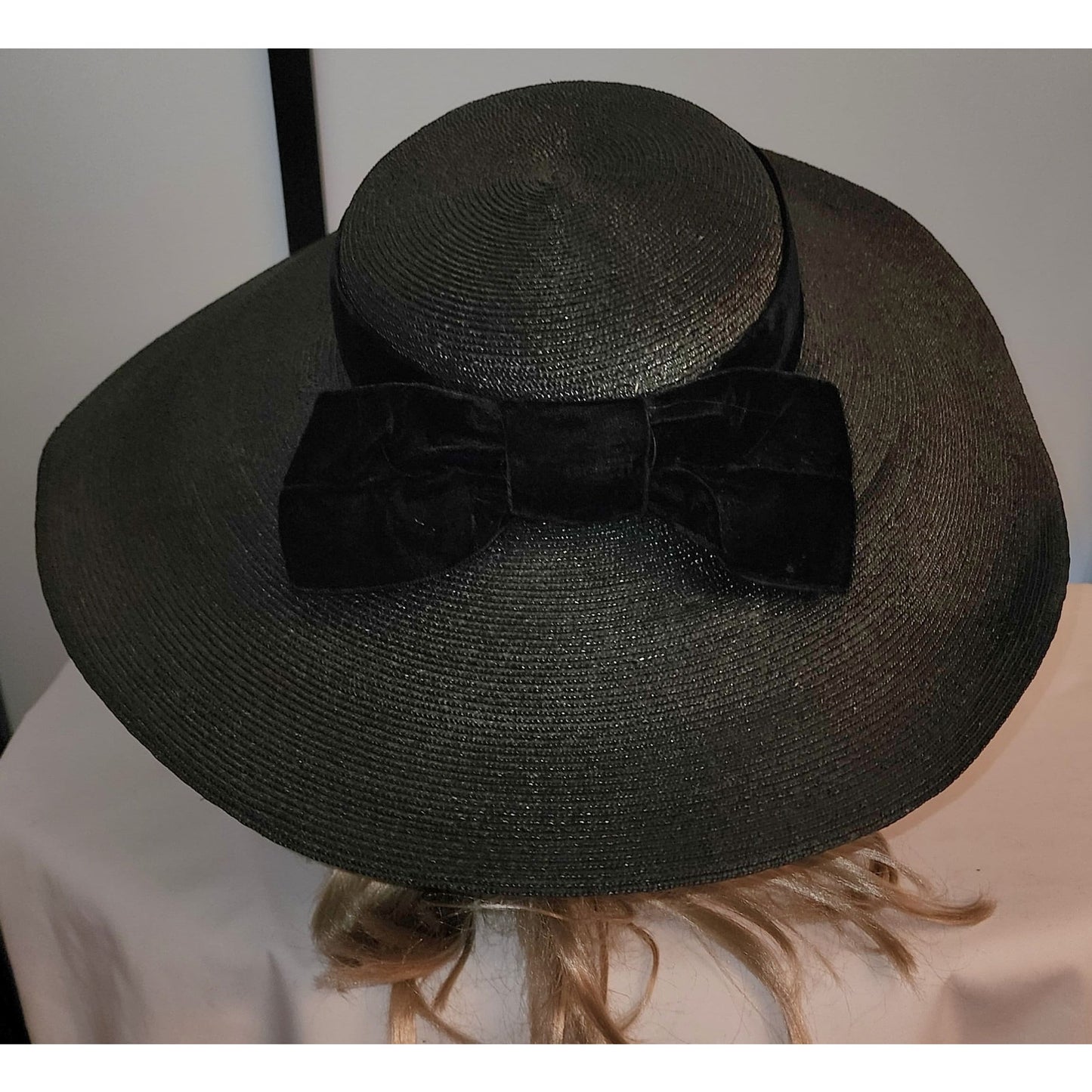 Vintage Platter Hat Large 1950s Black Straw Pancake Sun Hat Tilt Hat Huge Velvet Bow Mid Century 19 inches