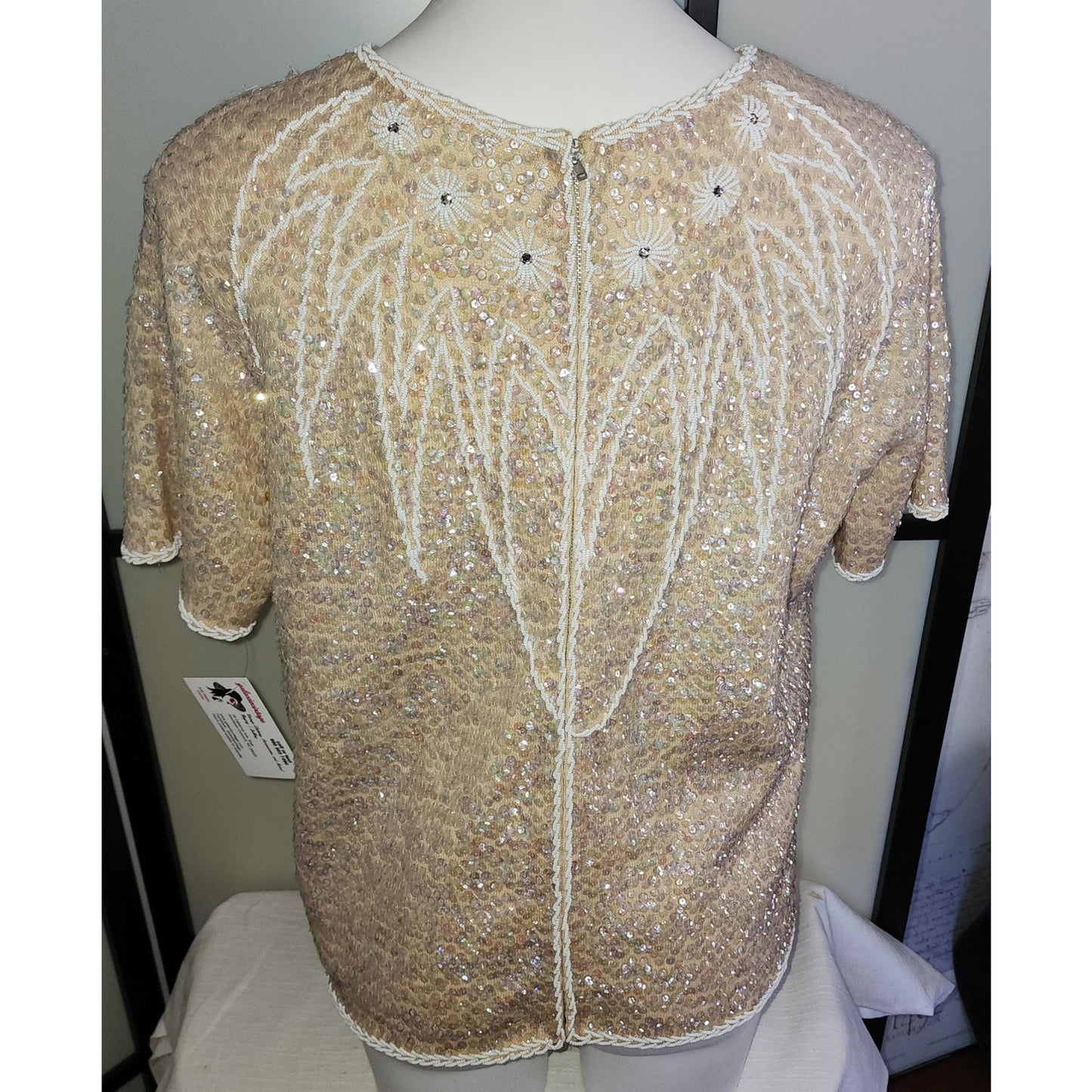 Vintage Beaded Sweater 1950s 60s Cream Wool Zip Back SS Top Tiny Glass Beads Sequins Rhinestones Mid Century L AS IS missing sequins