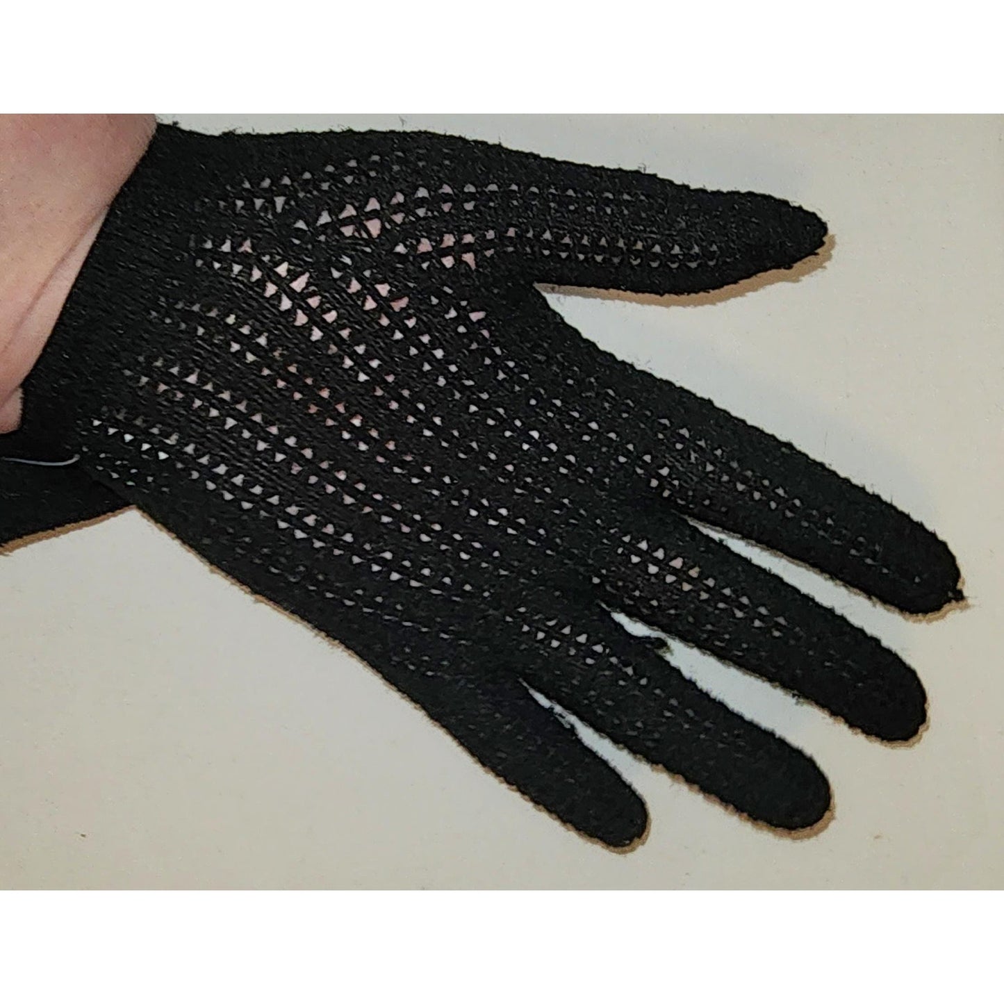 Vintage Wrist Gloves 1950s Black Nylon Stretch Knit Gloves Faux Pearls Mid Century one size to L