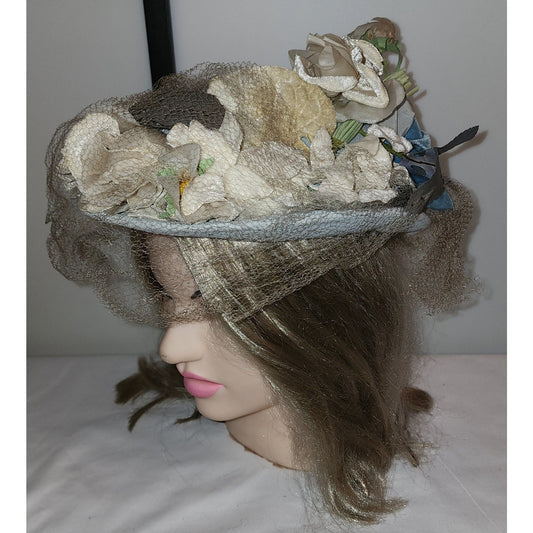 Vintage Floral Hat Light Blue 1930s 40s 50s Floral Hat White Flowers Net Veil Art Deco Mid Century 20.5 21 in.