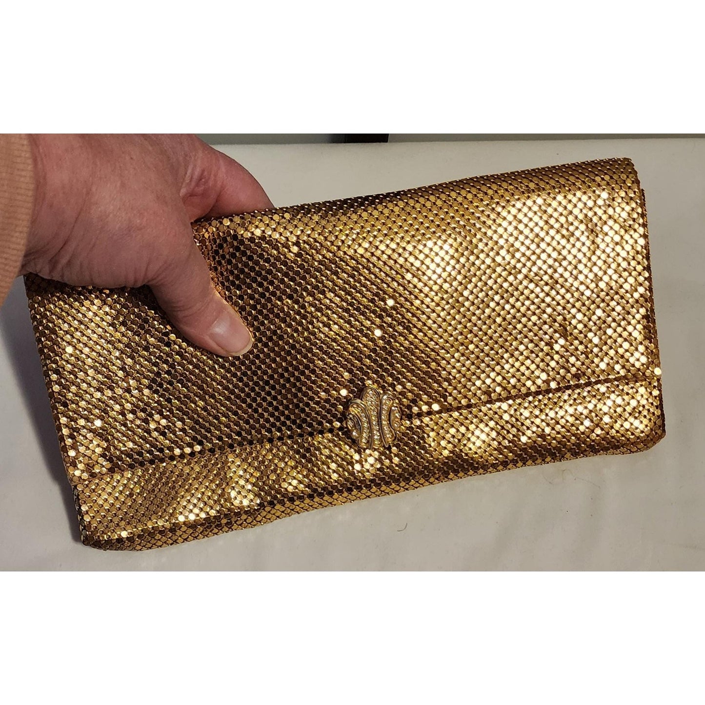 Vintage Gold Clutch 1950s Whiting and Davis Gold Metal Mesh Clutch Purse Rhinestone Clasp Mid Century Evening Purse Bag