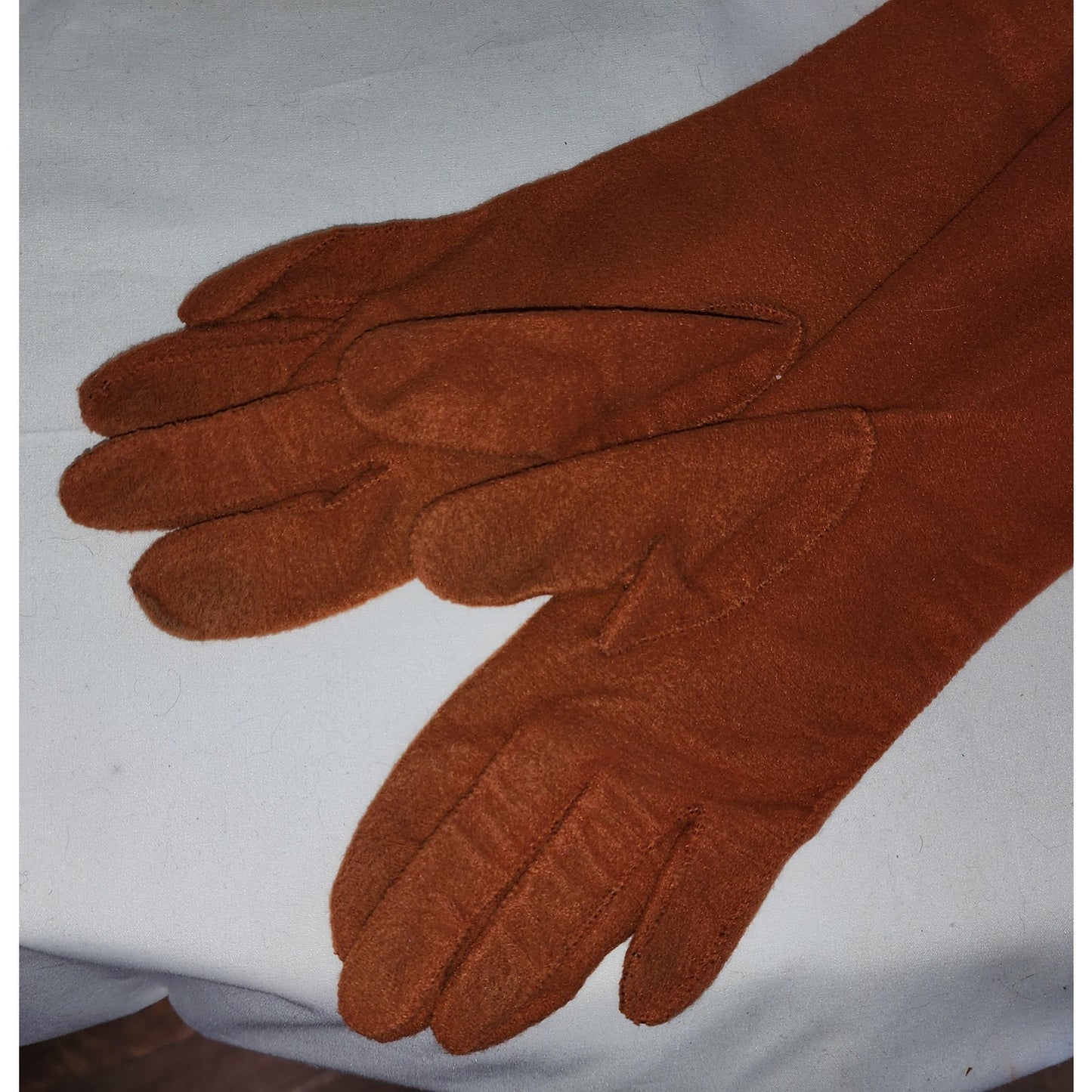 Vintage Pumpkin Gloves Midlength 1950s 60s Soft Nylon Gloves Rust Velsuede Van Raalte Made in USA Mid Century 7.5 8