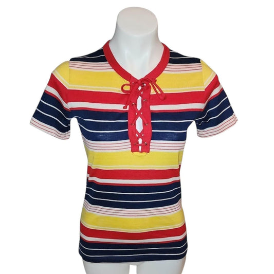 Vintage 1970s Top Bright Colorful Striped Lace Up Pullover Top Shirt Garland Boho S sm hole