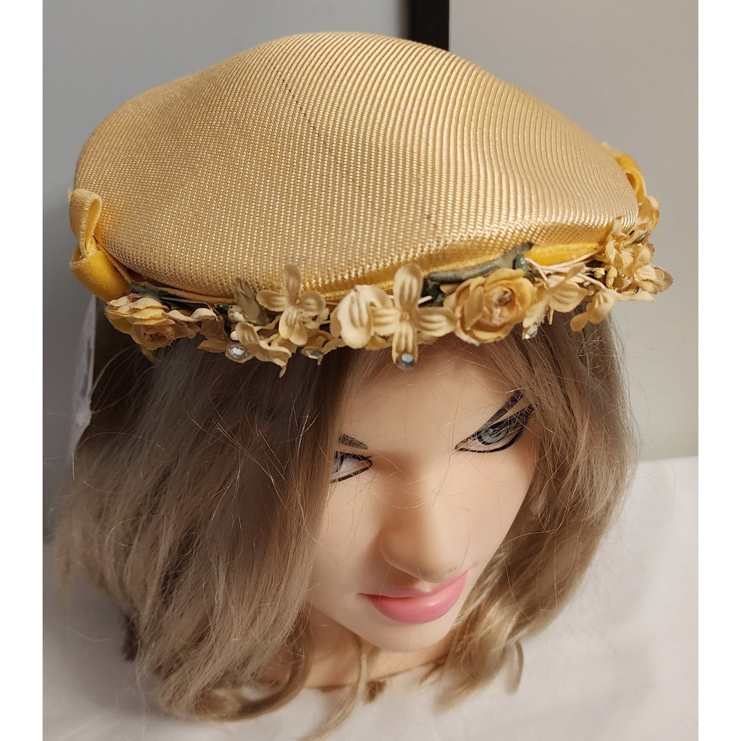 Vintage 1950s Hat Small Yellow Floral Rhinestone Half Hat Clamp Hat Mid Century