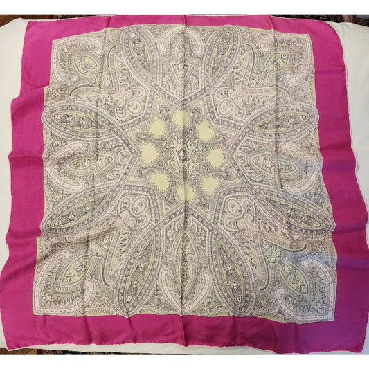 Vintage Silk Scarf 1940s 50s Pink Edge Silk Paisley Medallion Print Scarf Hand Rolled Edges Mid Century Boho 28.5 x 31 in.