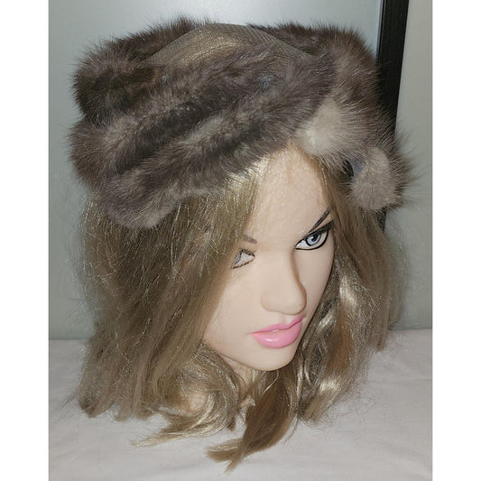 Vintage Fur Hat 1950s Round Silver Gray Mink Fur Hat Net Top Mid Century