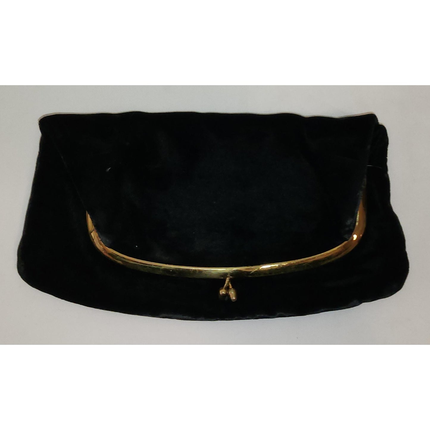 Vintage Clutch Purse 1950s Black Velvet Pouch Foldover Clutch Purse Goldtone Metal Frame Kiss Lock Satin Lining Mid Century