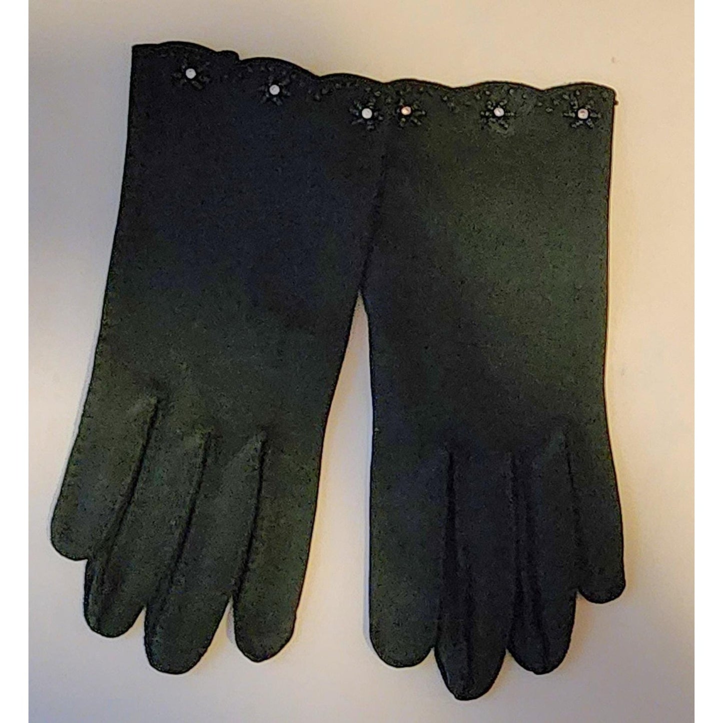 Vintage Rhinestone Gloves 1940s 50s Black Wrist Gloves Tiny Black Beads Prong Set Rhinestones Wear Right Western Germany Mid Century 6 1/2