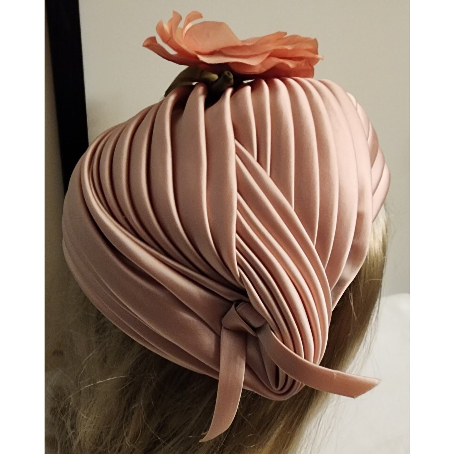 Vintage Satin Hat 1950s Peach Pleated Satin Asymmetric Half Hat Large Flower Floral Half Hat Mid Century Art Deco 20.5 21 in.