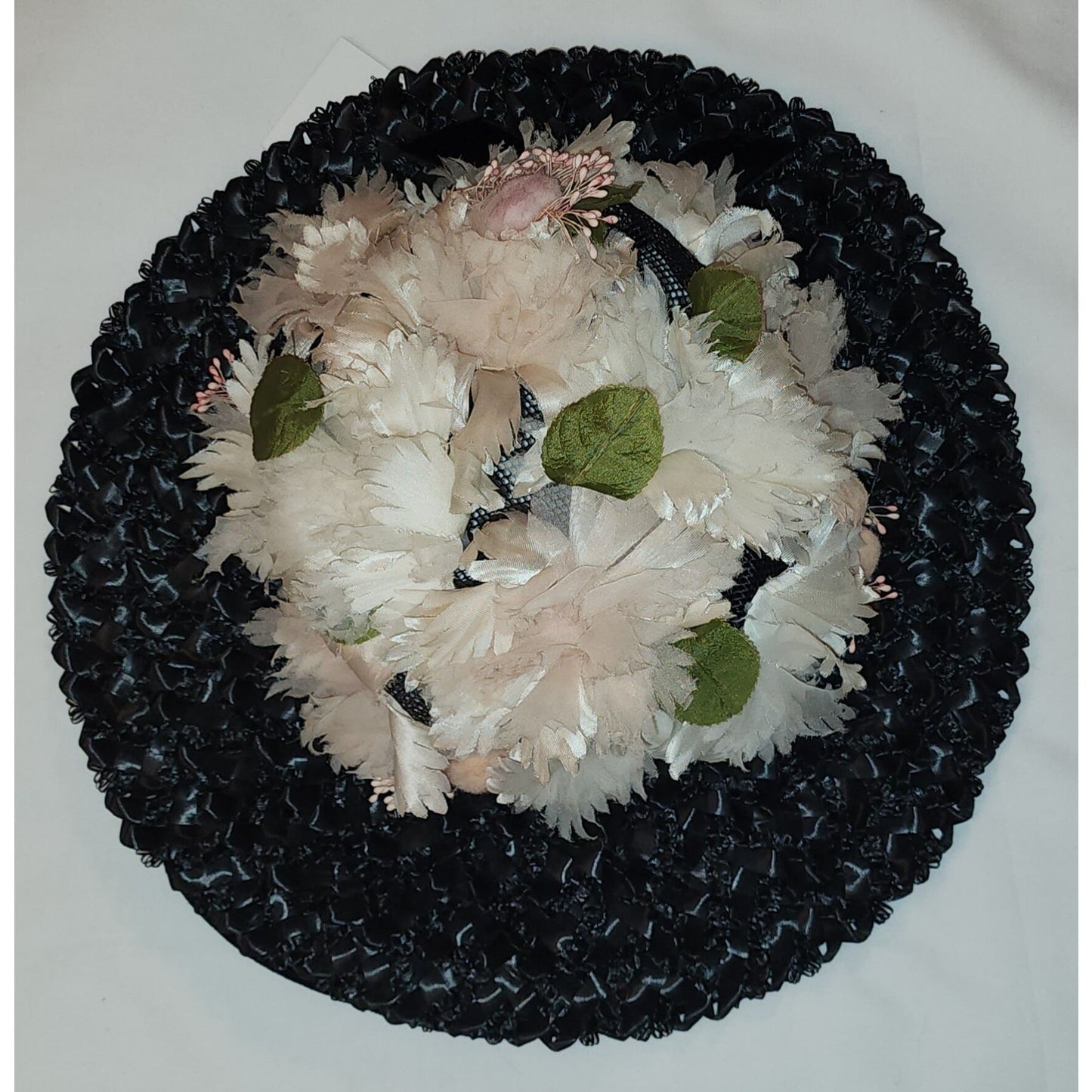 Vintage Platter Hat 1950s Large Black Straw Sun Hat Pink White Flowers Floral Mid Century 20.5 inches