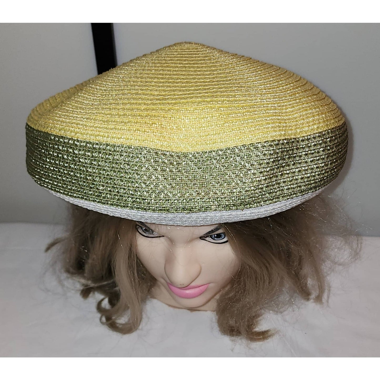 Vintage 1960s Hat Large Straw Beret Pouf Style Green Yellow White Hat Velvet Trim Mid Century Mod 21.5 inches