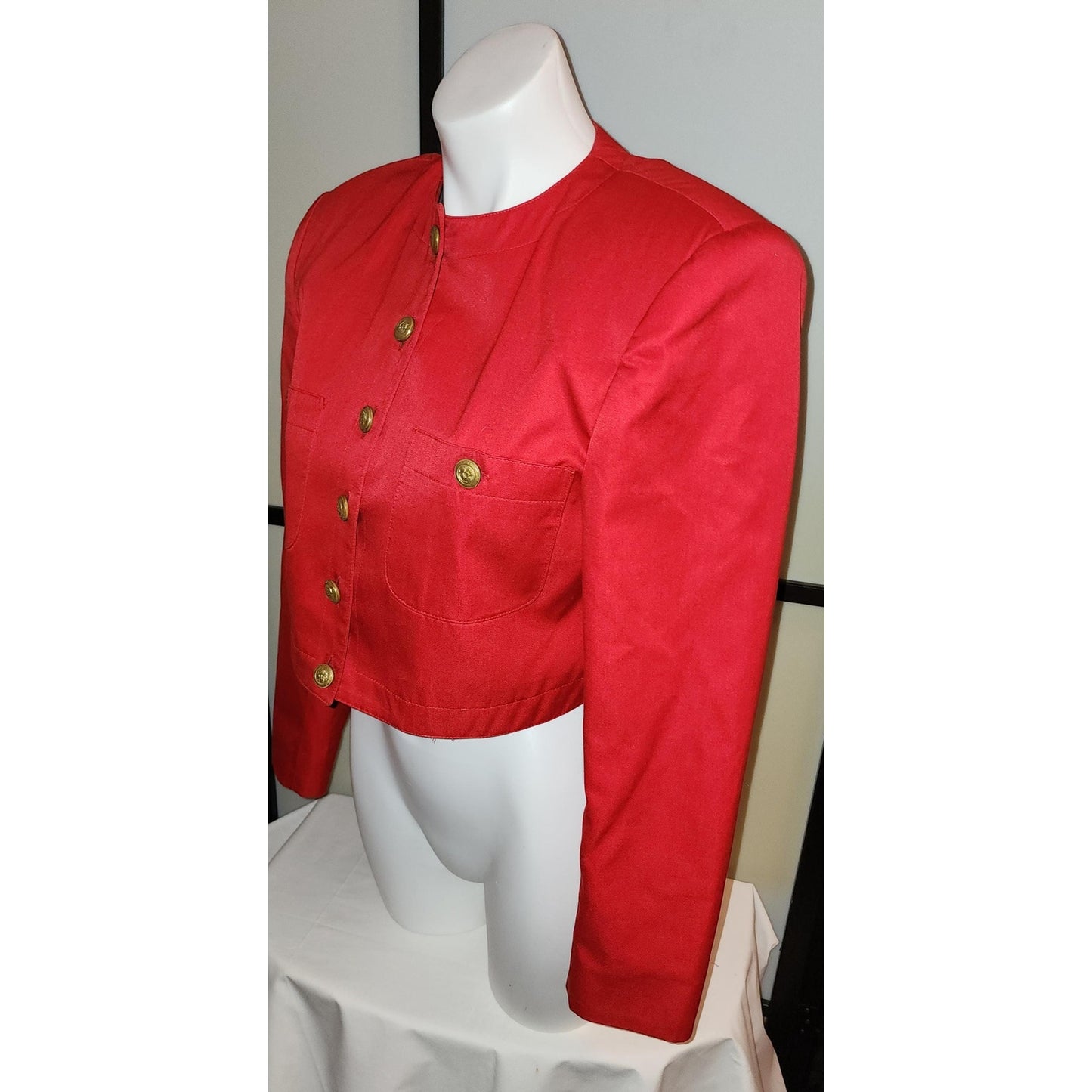 Vintage 80s 90s Bright Red Forenza Cropped Blazer Jacket Gold Buttons S