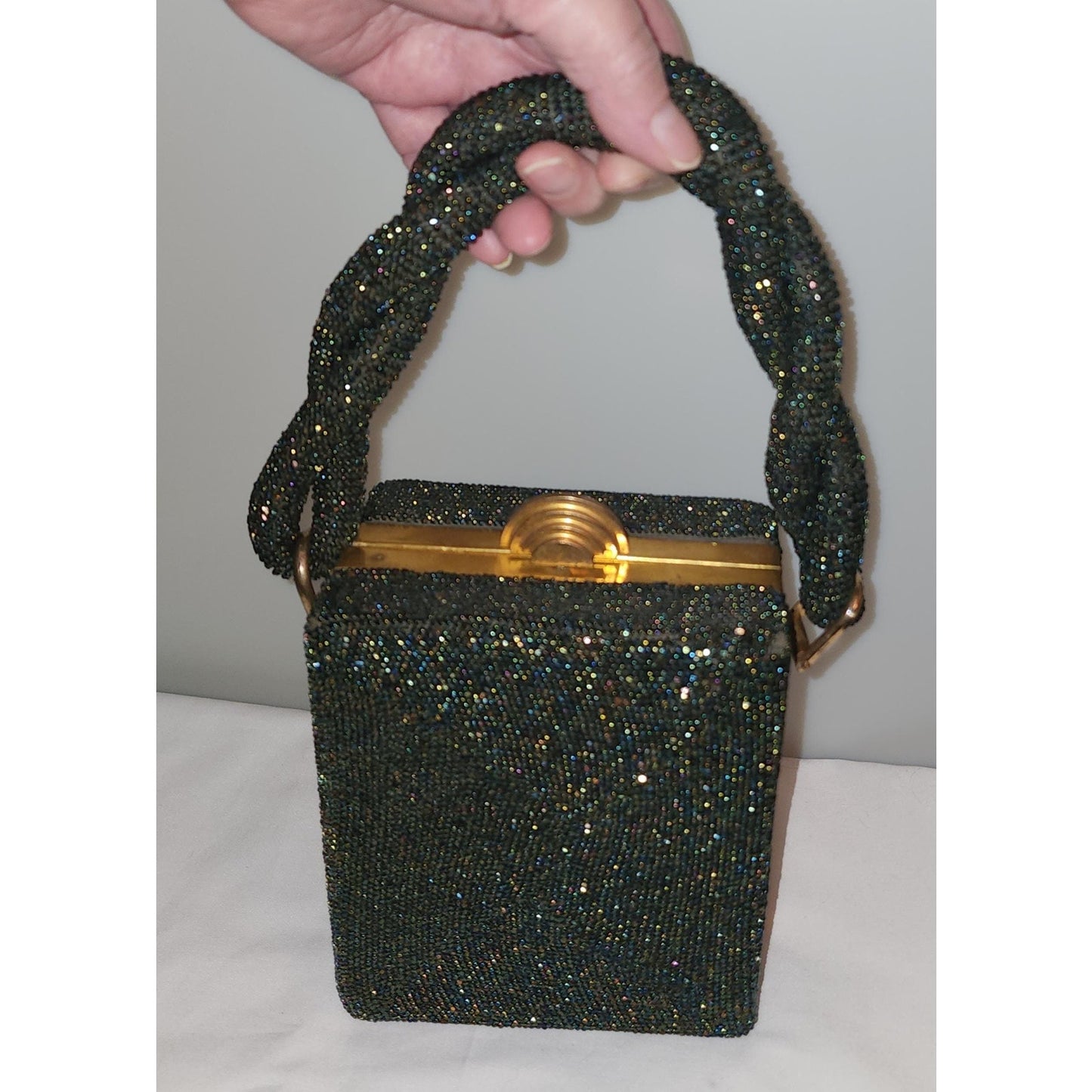 Vintage 1930s Purse Black Iridescent Carnival Glass Micro Bead Box Purse Braided Bead Handle Gold Metal Frame Art Deco Mid Century