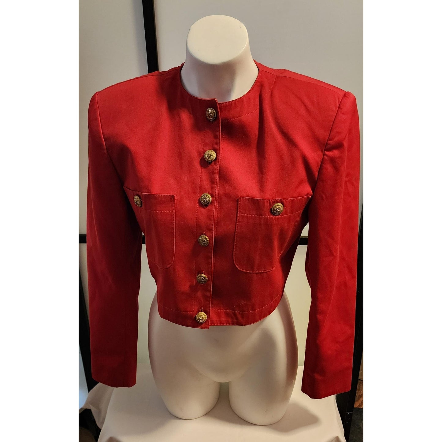 Vintage 80s 90s Bright Red Forenza Cropped Blazer Jacket Gold Buttons S