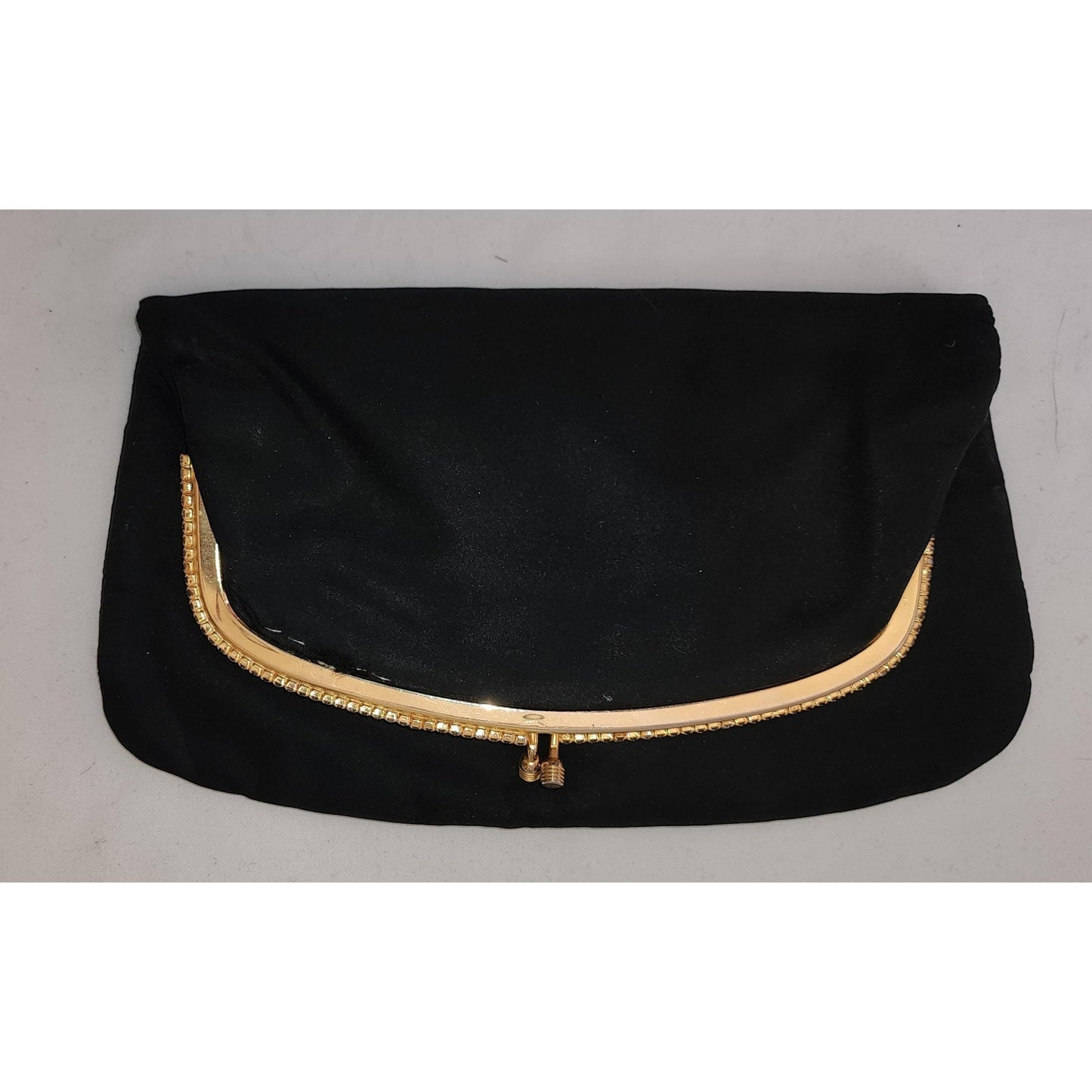 Vintage Clutch Purse 1950s Black Satin Rhinestone Frame Clutch Purse Small Bag Mid Century